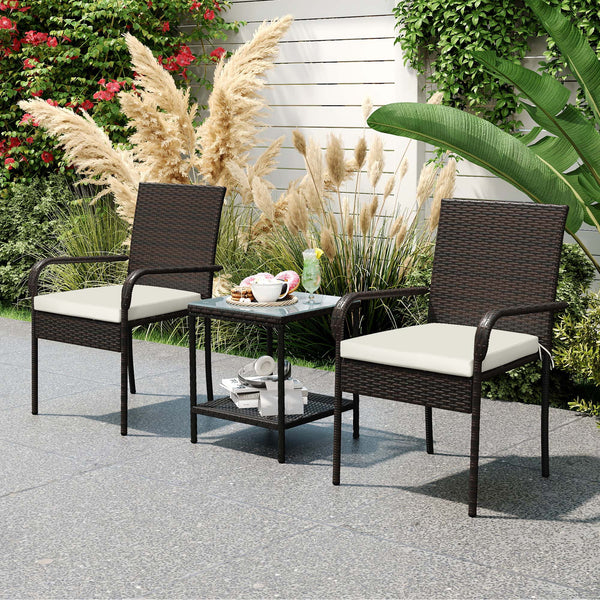 Ensemble de meubles de jardin 3 pièces en osier marron avec chaises empilables, coussins lavables et plateau en verre trempé
