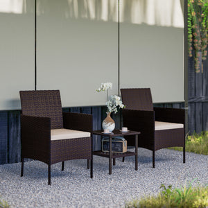 Ensemble de 3 meubles de jardin beige avec table à deux niveaux en verre et coussins confortables

