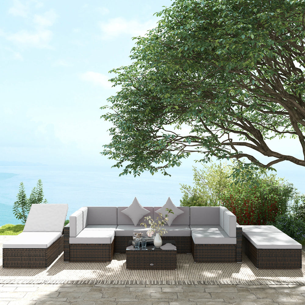Ensemble de meubles de jardin 9 pièces en osier tressé avec coussins confortables, couleur gris clair – mobilier d'extérieur pour terrasse ou patio