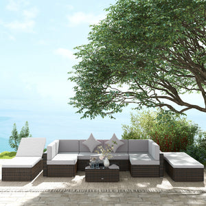 Ensemble de meubles de jardin 9 pièces en osier tressé avec coussins confortables, couleur gris clair – mobilier d'extérieur pour terrasse ou patio