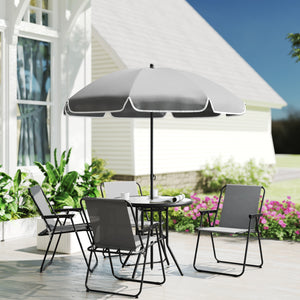 Ensemble salle à manger 6 pièces gris avec parasol, chaises pliantes et table en verre, idéal pour jardin et terrasse