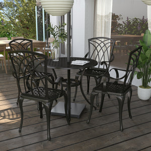 Ensemble de salle à manger d’extérieur 5 pièces en fonte d’aluminium marron avec table, 4 chaises et trou pour parasol – mobilier de patio élégant et résistant
