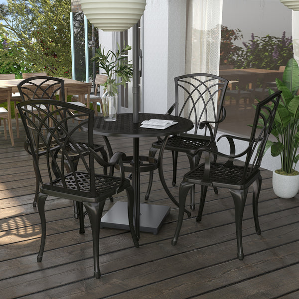 Ensemble de salle à manger d’extérieur 5 pièces en fonte d’aluminium marron avec table, 4 chaises et trou pour parasol – mobilier de patio élégant et résistant