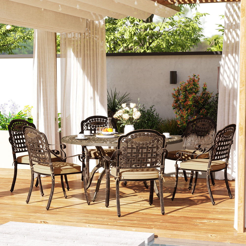 Ensemble de salle à manger de jardin 7 pièces en aluminium bronze avec coussins et trou pour parasol, pour 6 personnes