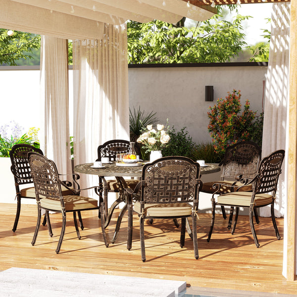 Ensemble de salle à manger de jardin 7 pièces en aluminium bronze avec coussins et trou pour parasol, pour 6 personnes