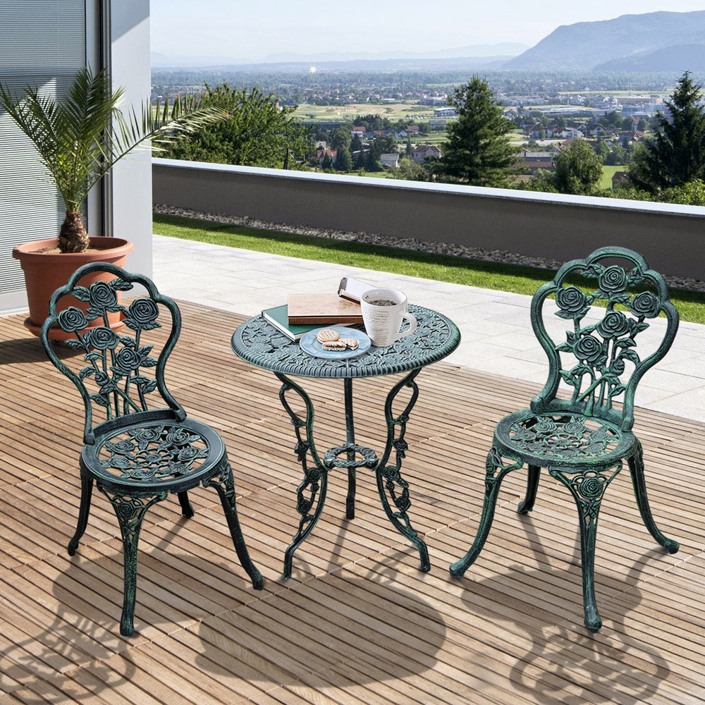 Ensemble table et chaises de bistrot de patio 3 pièces en vert antique, idéal pour jardin et terrasse
