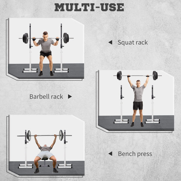 Adjustable Barbell Rack for Squats and Weightlifting with 2 Bars, Black and White
