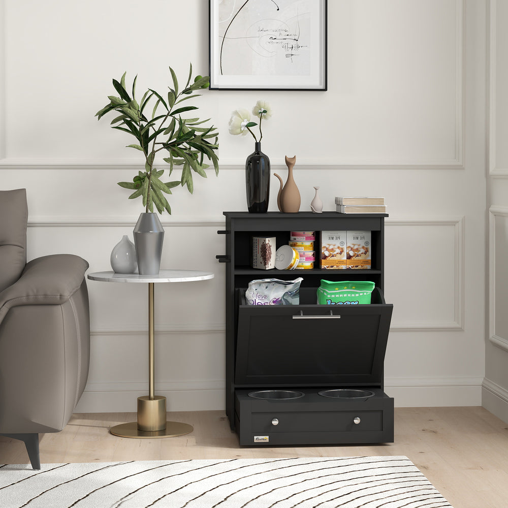 Black food storage cabinet with elevated bowls