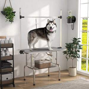 Adjustable Pet Grooming Table with 2 Safety Straps and Storage Basket, Gray