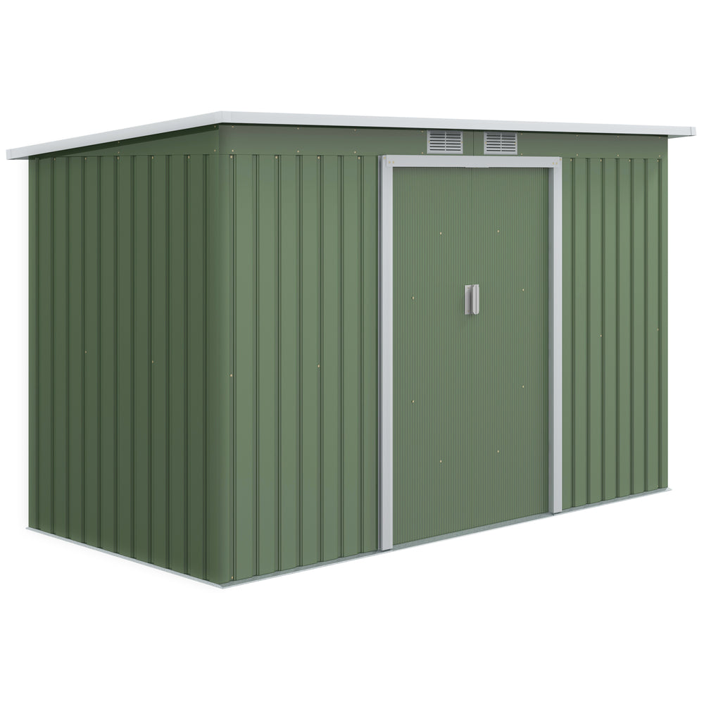 Metal garden shed with foundation kit, ventilation and doors, light green