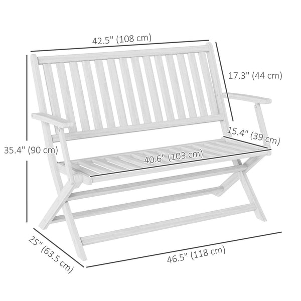 Folding wooden outdoor bench with backrest and armrests, white