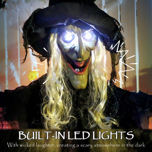 Life-size animated hanging witch for Halloween with light-up LED eyes,