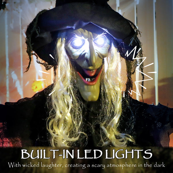 Life-size animated hanging witch for Halloween with light-up LED eyes,