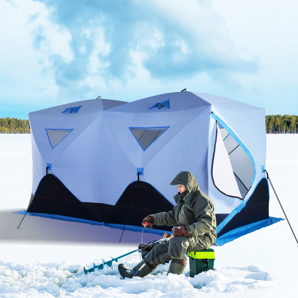 Insulated ice fishing shelter for 8 people with ventilation windows and carry bag, for temperatures down to -30°C, blue
