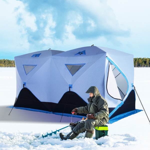 Insulated ice fishing shelter for 8 people with ventilation windows and carry bag, for temperatures down to -30°C, blue