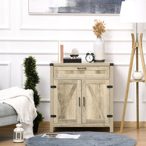 Farmhouse-style kitchen buffet with 2 rustic barn doors and a drawer, in oak