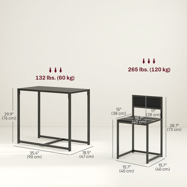 Dining table and chairs set, industrial style, for 2 people, ideal for small spaces, black