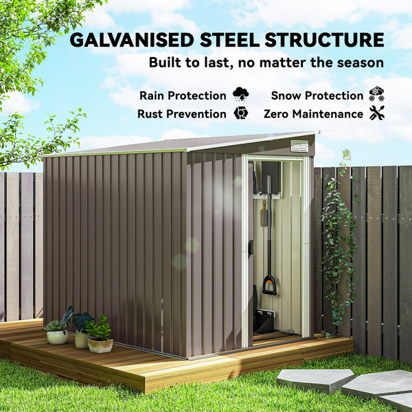 Lean-to garden shed in galvanized metal with foundation, sliding door and 2 vents, light grey