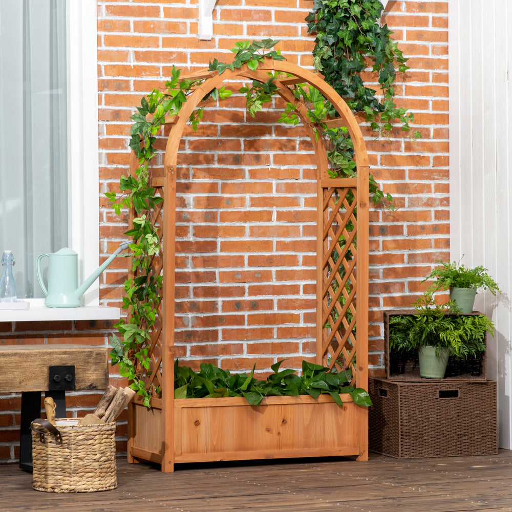 Raised planter with arched trellis for climbing plants, brown