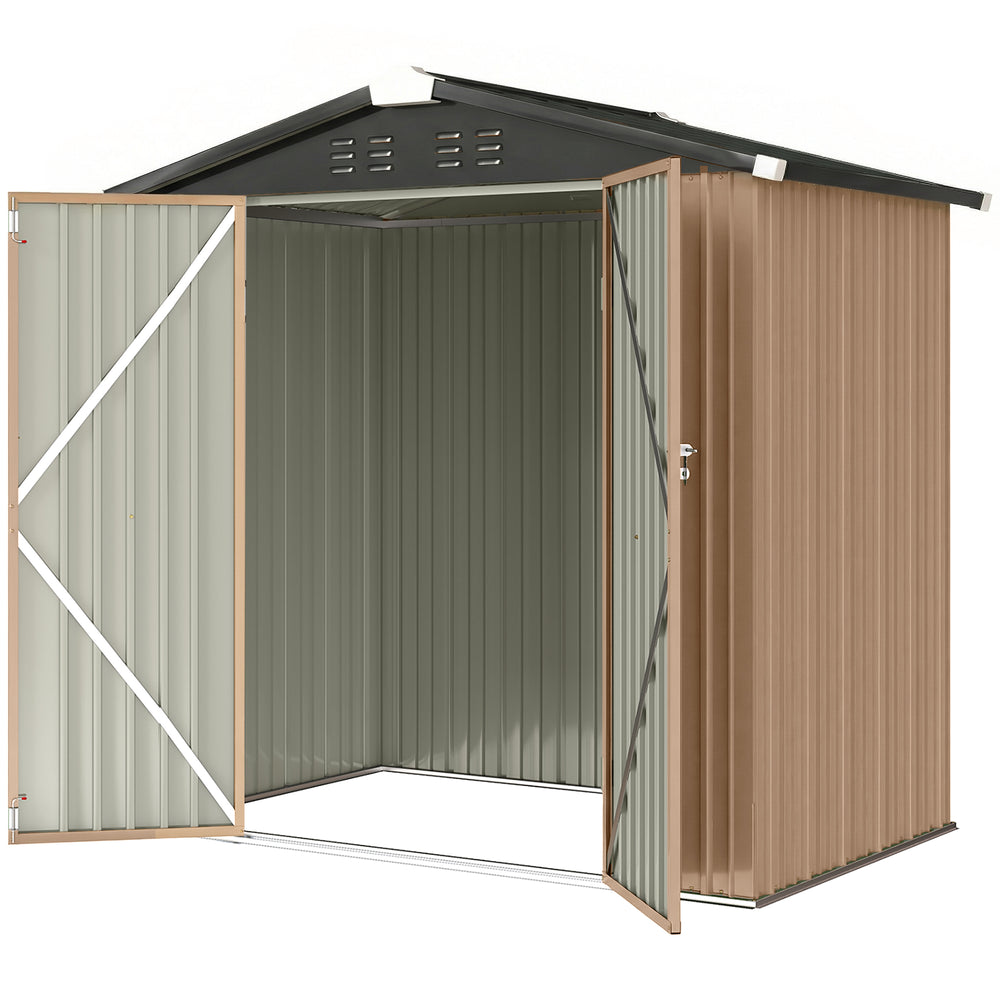 Metal garden shed, with lockable double door and 4 vents, brown.