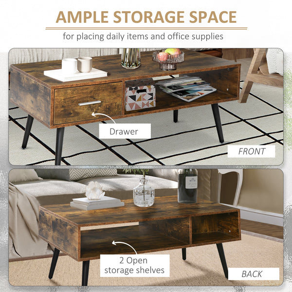 Retro coffee table with storage shelf and drawer, rustic brown