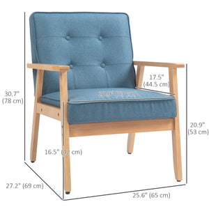 Modern fabric accent chair with tufted back and wooden legs, blue