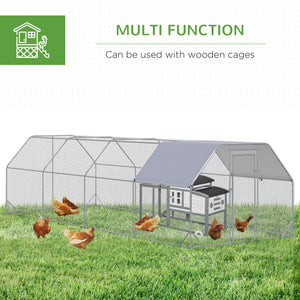 Galvanized metal chicken coop with flat roof and tarp