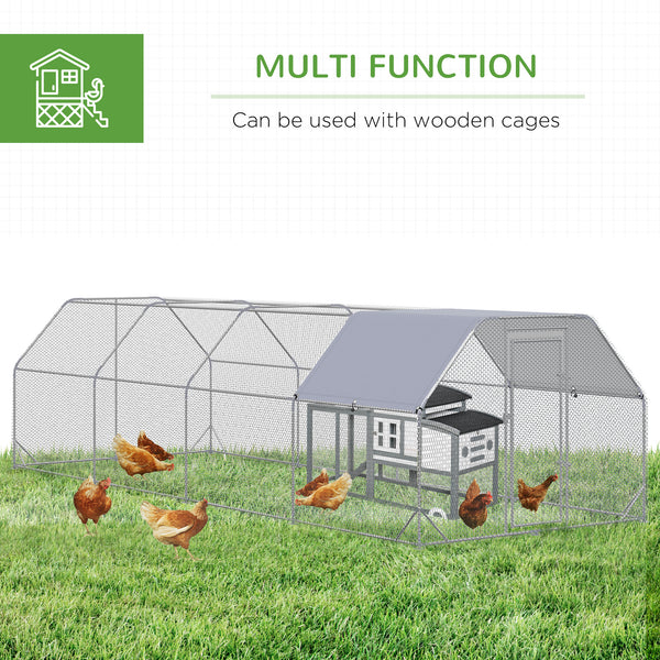 Galvanized metal chicken coop with flat roof and tarp