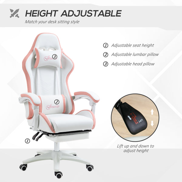 PU leather gaming chair with footrest, reclining backrest, white