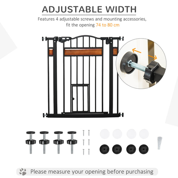 Extra-wide dog gate with integrated cat flap, black