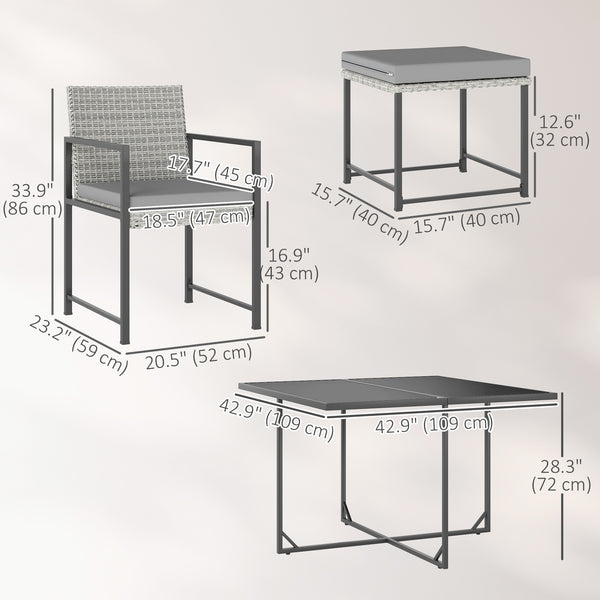 9-Piece Wicker Patio Dining Set with 4 Armchairs, 4 Stools, Tempered Glass Top, Removable Cushions, Light Gray