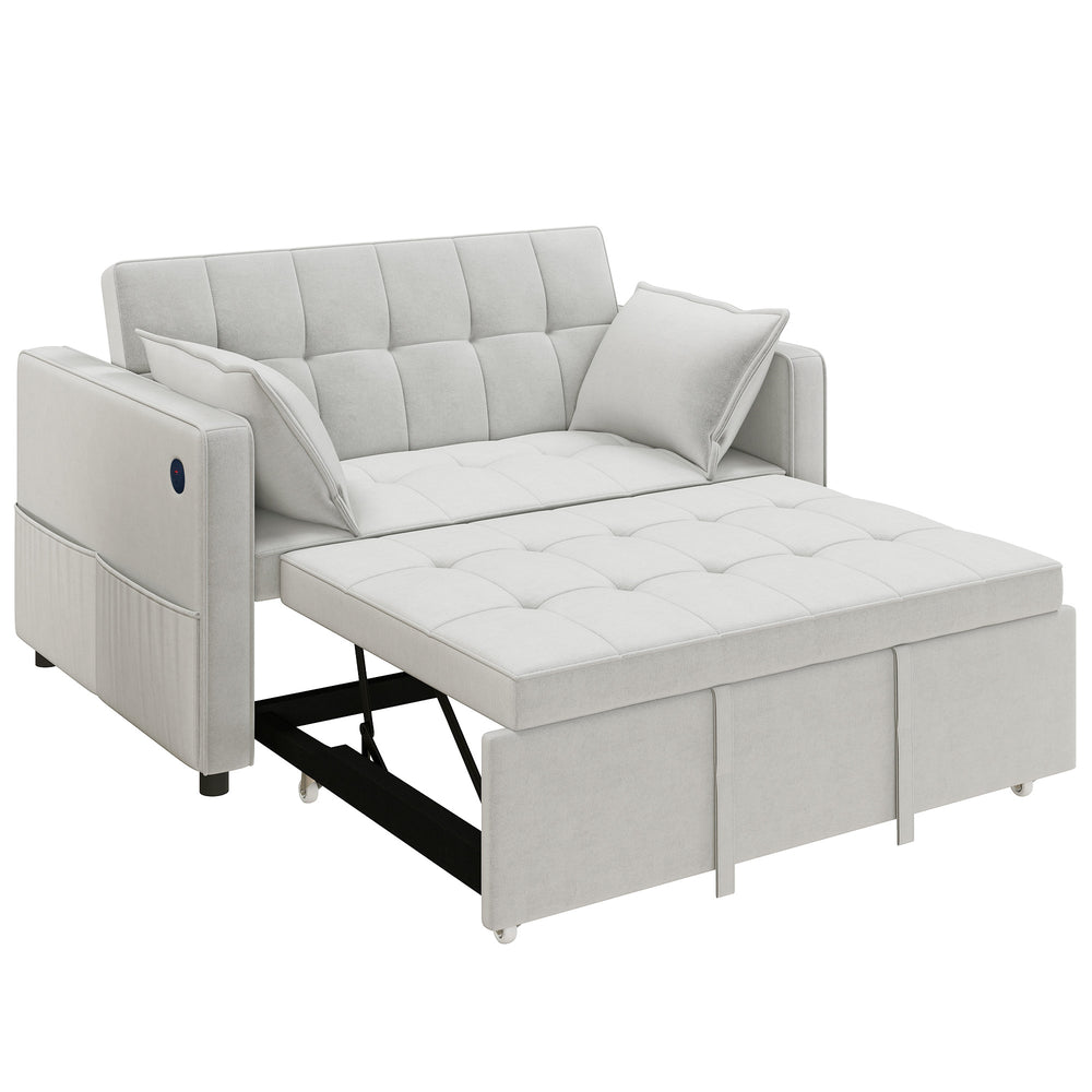 3-in-1 convertible sofa bed with USB port, adjustable backrest, and side pockets, beige.