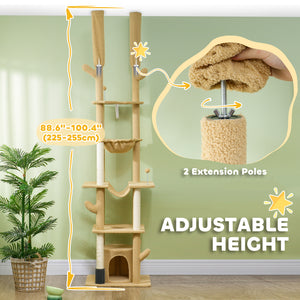 Cat tree 226-254 cm, ceiling height with scratching posts, grooming brush and niche, brown
