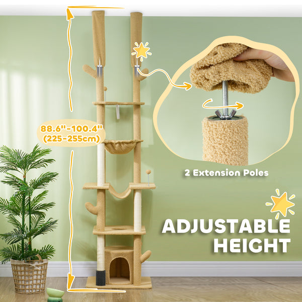 Cat tree 226-254 cm, ceiling height with scratching posts, grooming brush and niche, brown