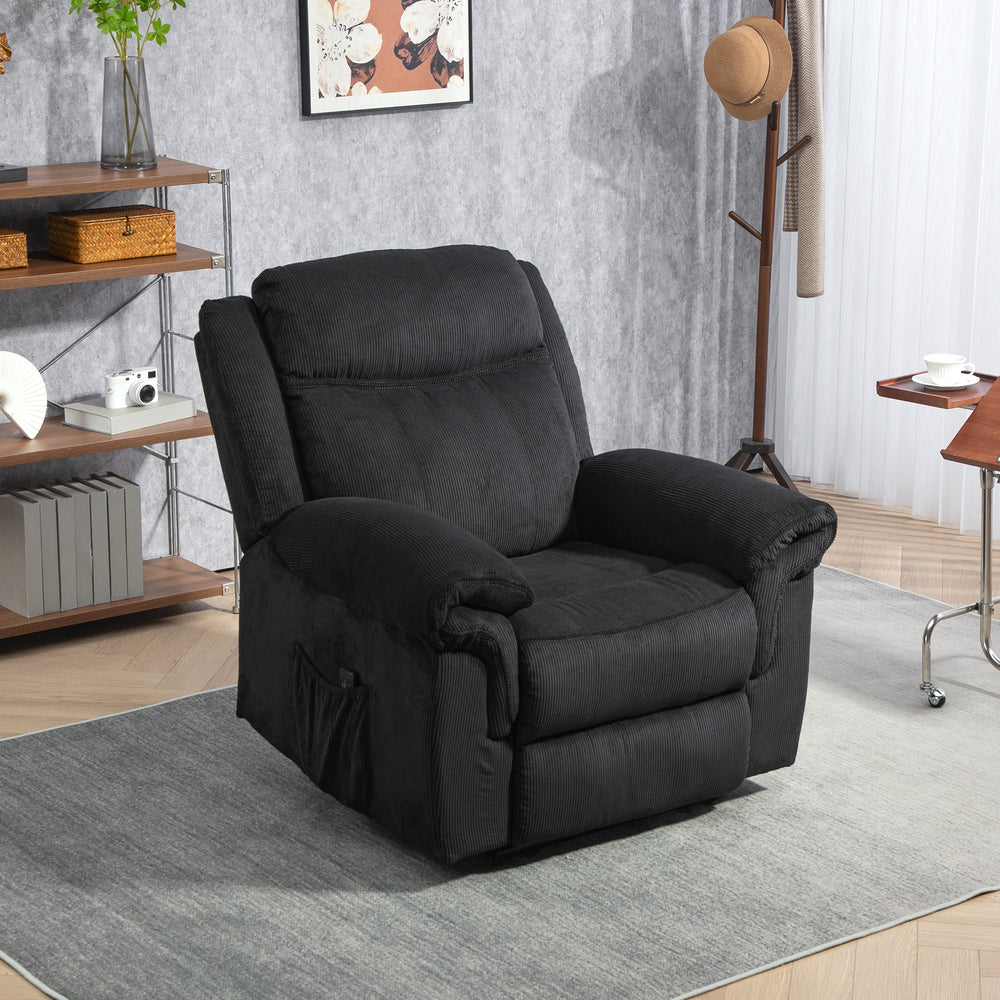 Manual reclining armchair with vibration massage, side pockets, in corduroy, black