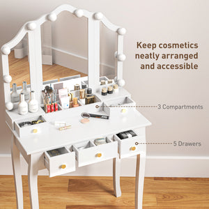 Dressing table with stool, 10 LED lights, 5 drawers and 3 compartments, white
