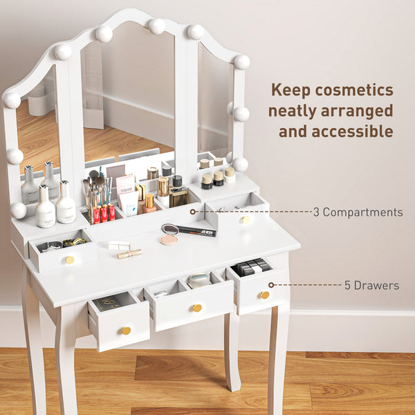 Dressing table with stool, 10 LED lights, 5 drawers and 3 compartments, white