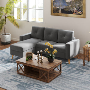 Sectional sofa with reversible chaise longue, wooden legs, dark gray