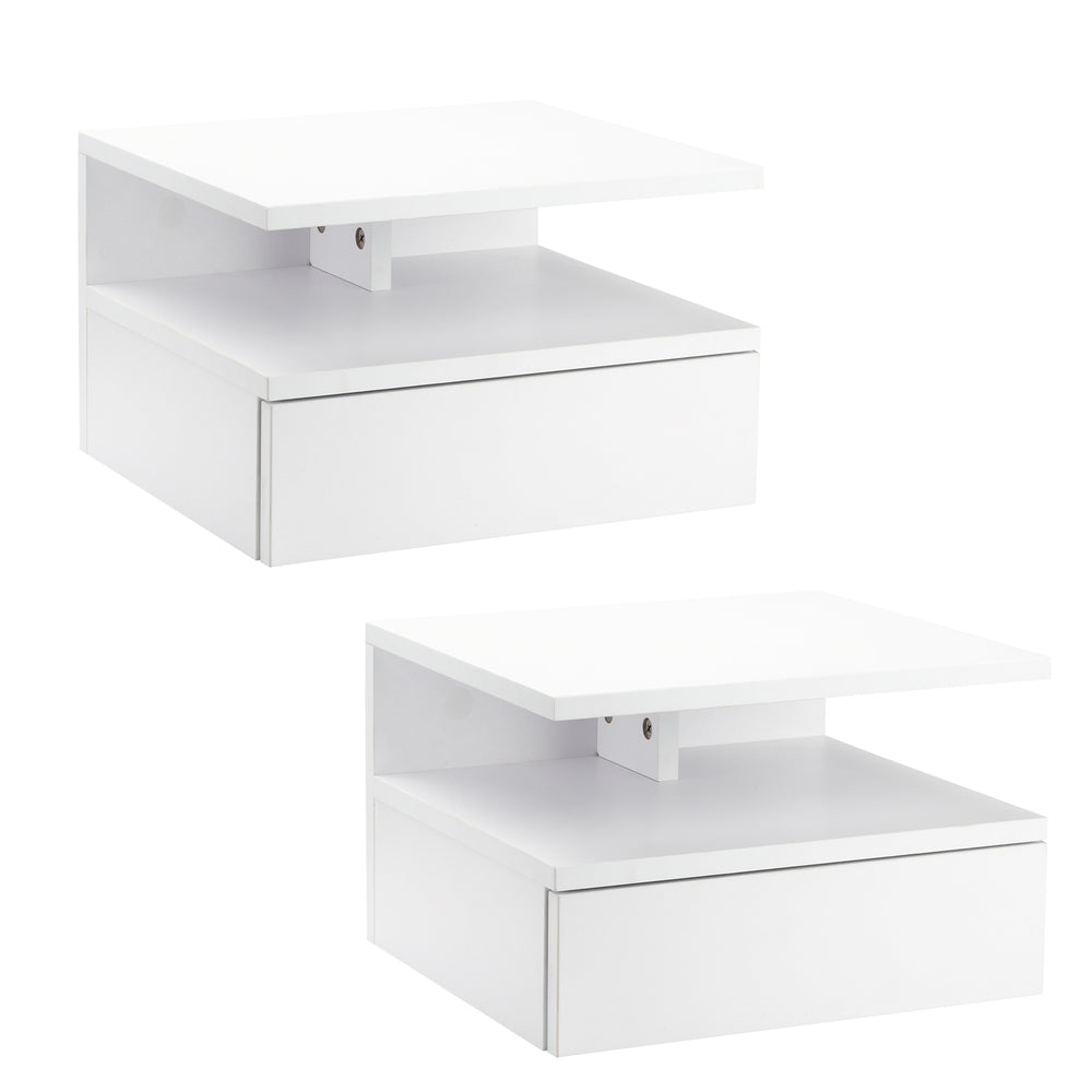 Set of 2 floating bedside tables with drawer and shelf, white