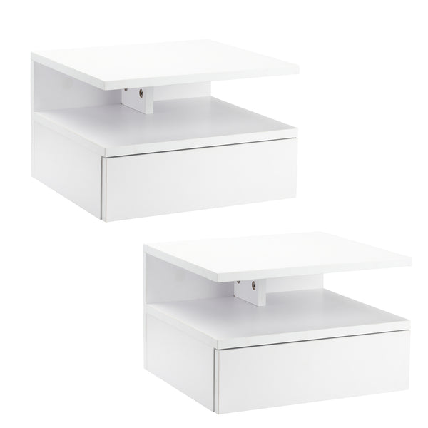 Set of 2 floating bedside tables with drawer and shelf, white