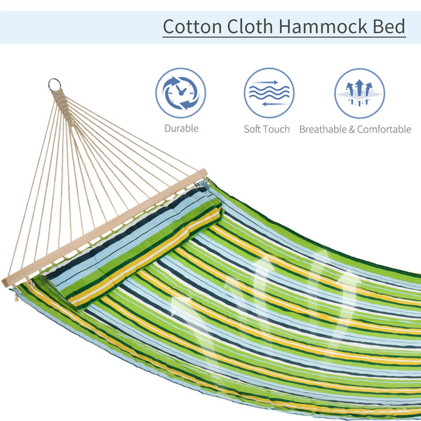 Double hammock for 2 people with pillow, green and blue stripes
