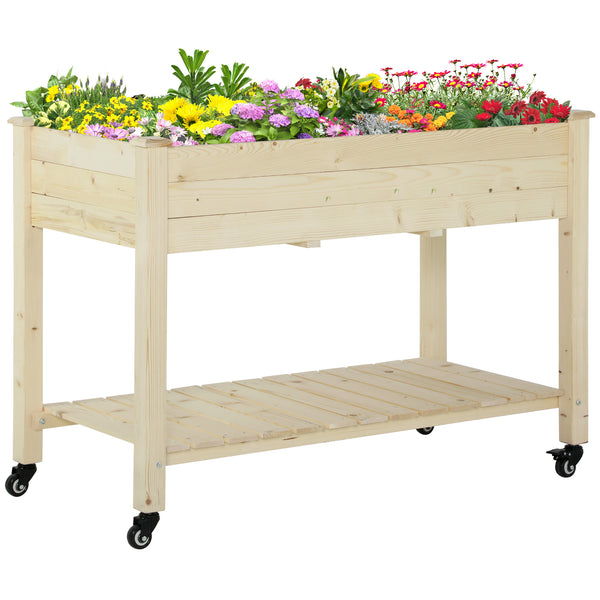 Raised wooden planter with lockable casters and storage shelf