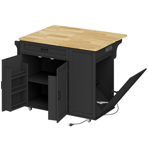 Portable kitchen island with charging station, fold-down rubberwood tabletop, waste storage, black