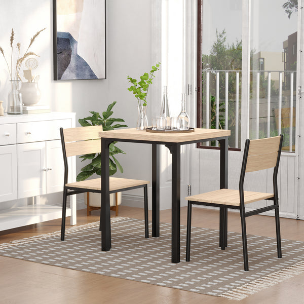 3-piece table and chairs set with metal legs, in natural wood.