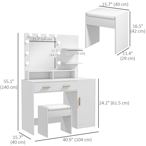 LED illuminated dressing table with stool, drawer and shelves, white