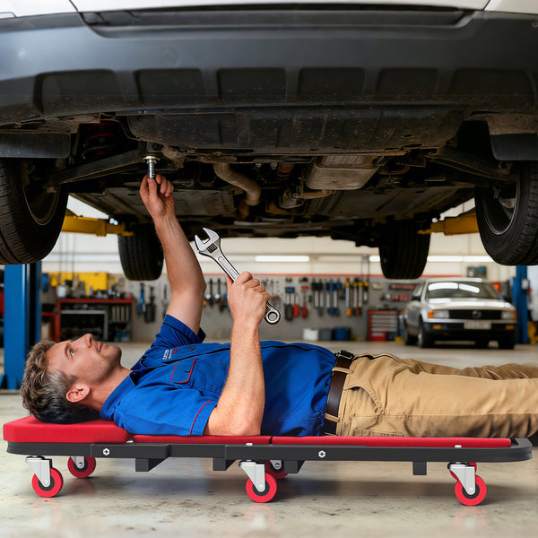 2-in-1 rolling mechanic's trolley with cushion, 6 wheels, red