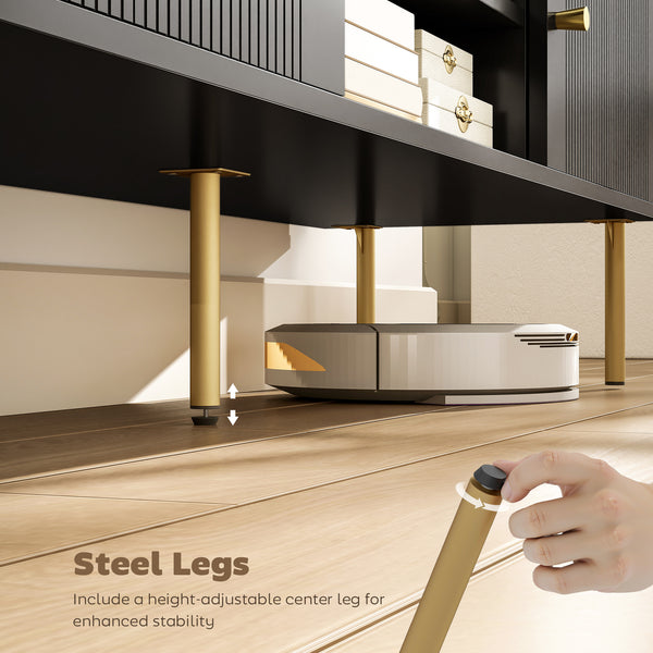 TV stand for TVs up to 65 inches, multimedia center with 2 open shelves, 2 cupboards and steel legs for living room, black