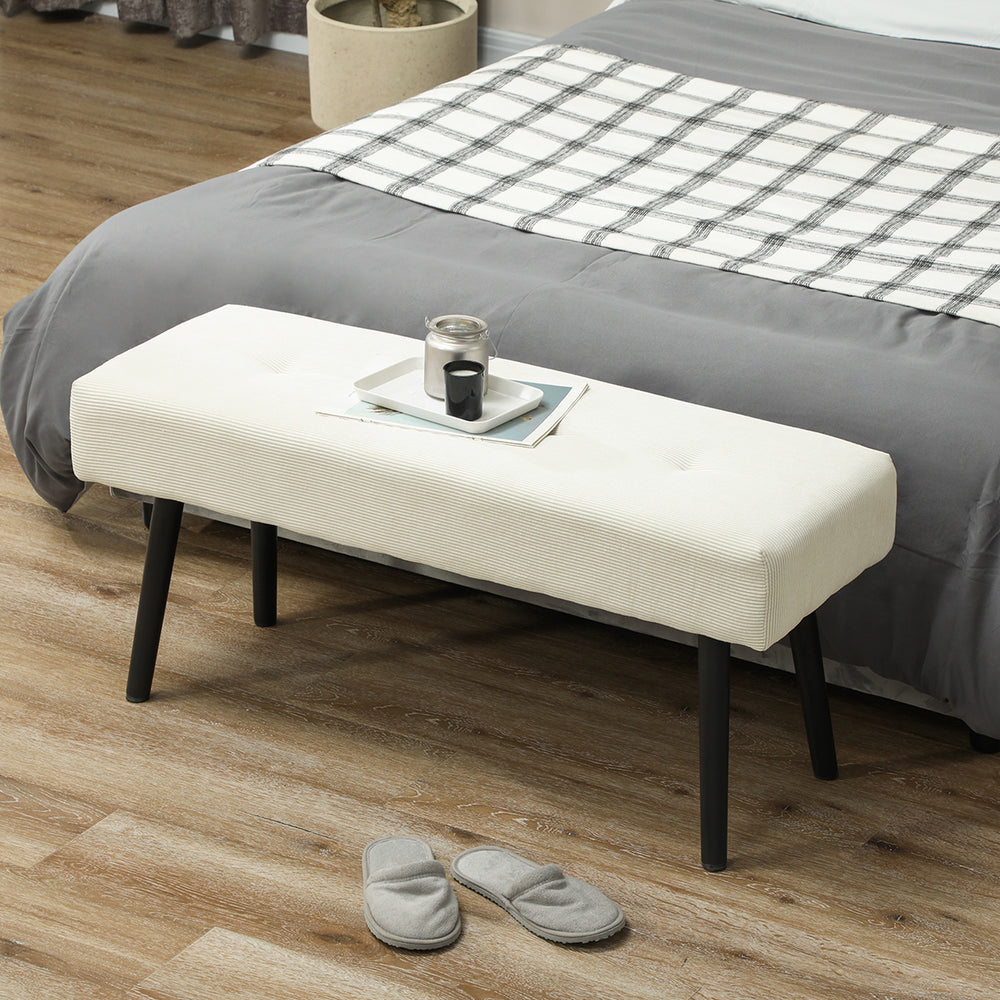 Corduroy Upholstered Ottoman Bench with Steel Legs, Cream White