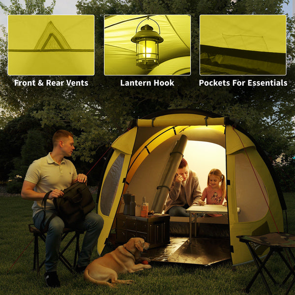 Camping tent with integrated awning and groundsheet