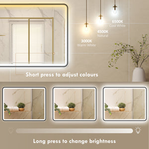 Bathroom mirror with LED lighting, wall-mounted, 3 colors, dimmable, horizontal/vertical format, black